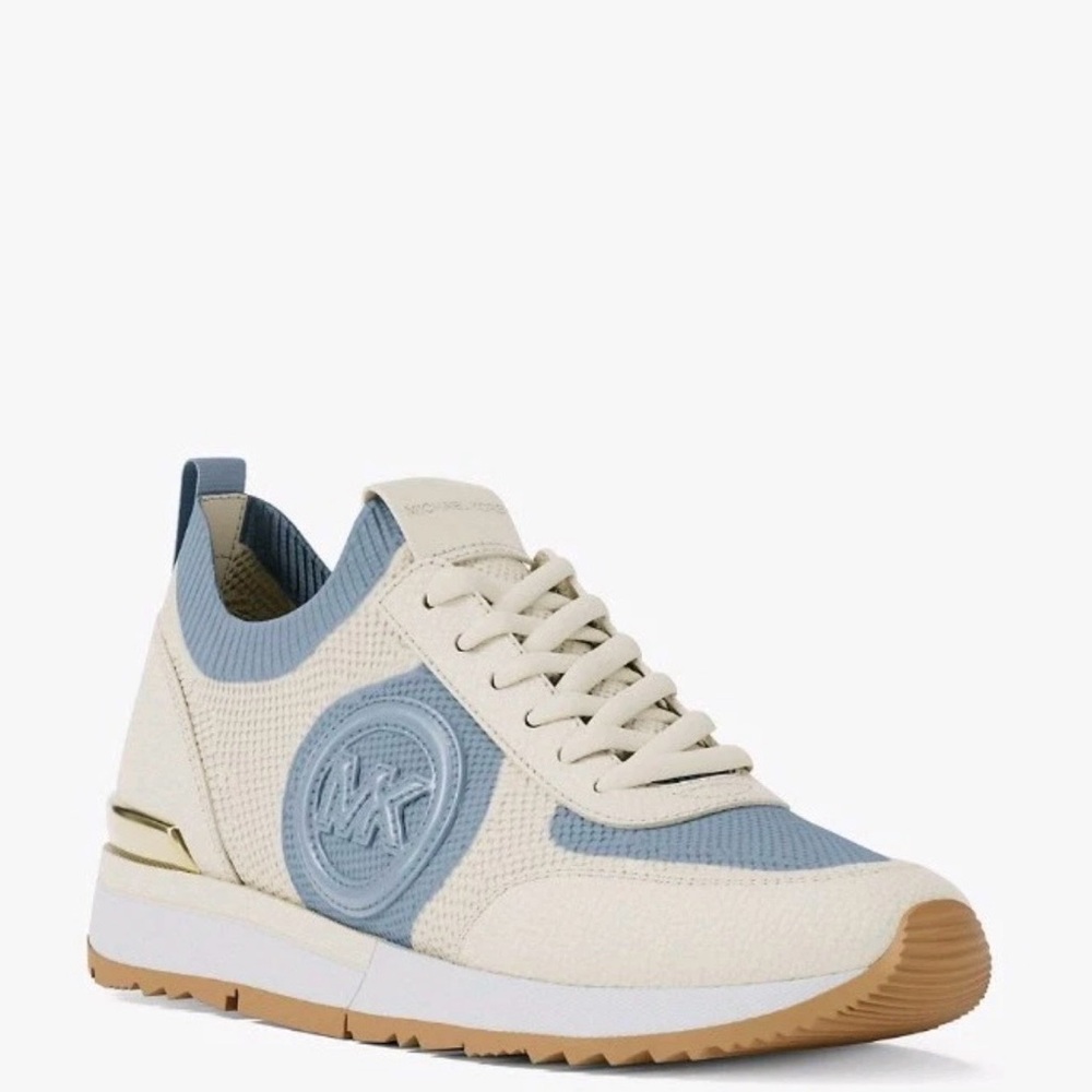 Michael Kors Cream and Light Blue Knit Logo Trainer